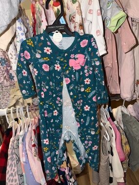 Modern Moments Teal Floral Baby Footed Romper with Pink Bow